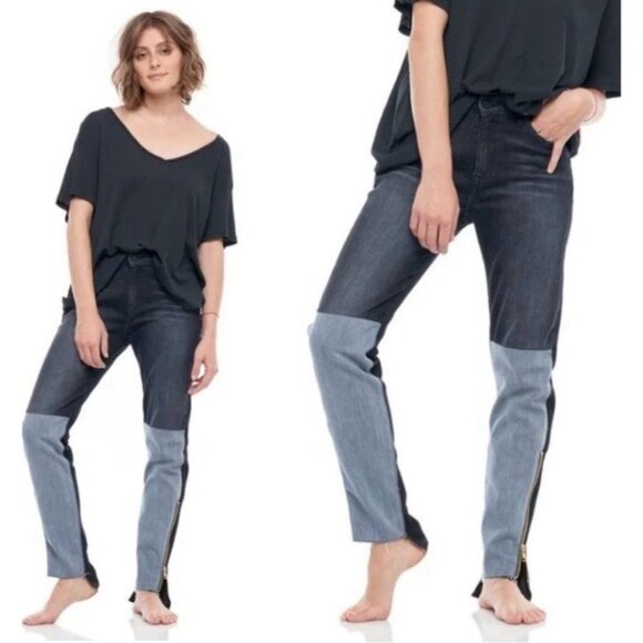 NWT Free People x Sandrine Rose Mixed Denim Patch Jeans 29 Dark Black Skinny Zip - Picture 1 of 10